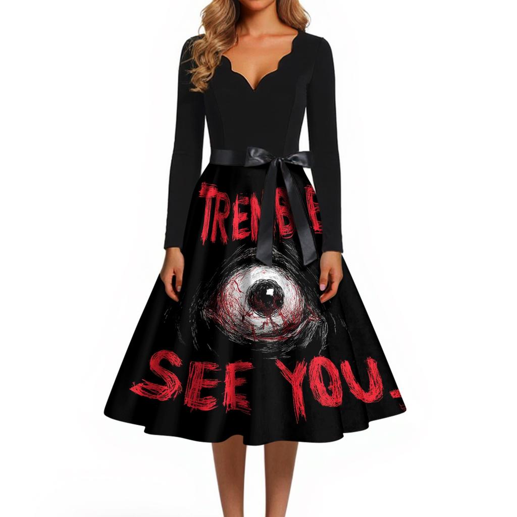 Womens Casual V Neck Halloween Print Vintage Dress Long Sleeve Retro Fit and Flare Midi Dress with Waist Tie Belt