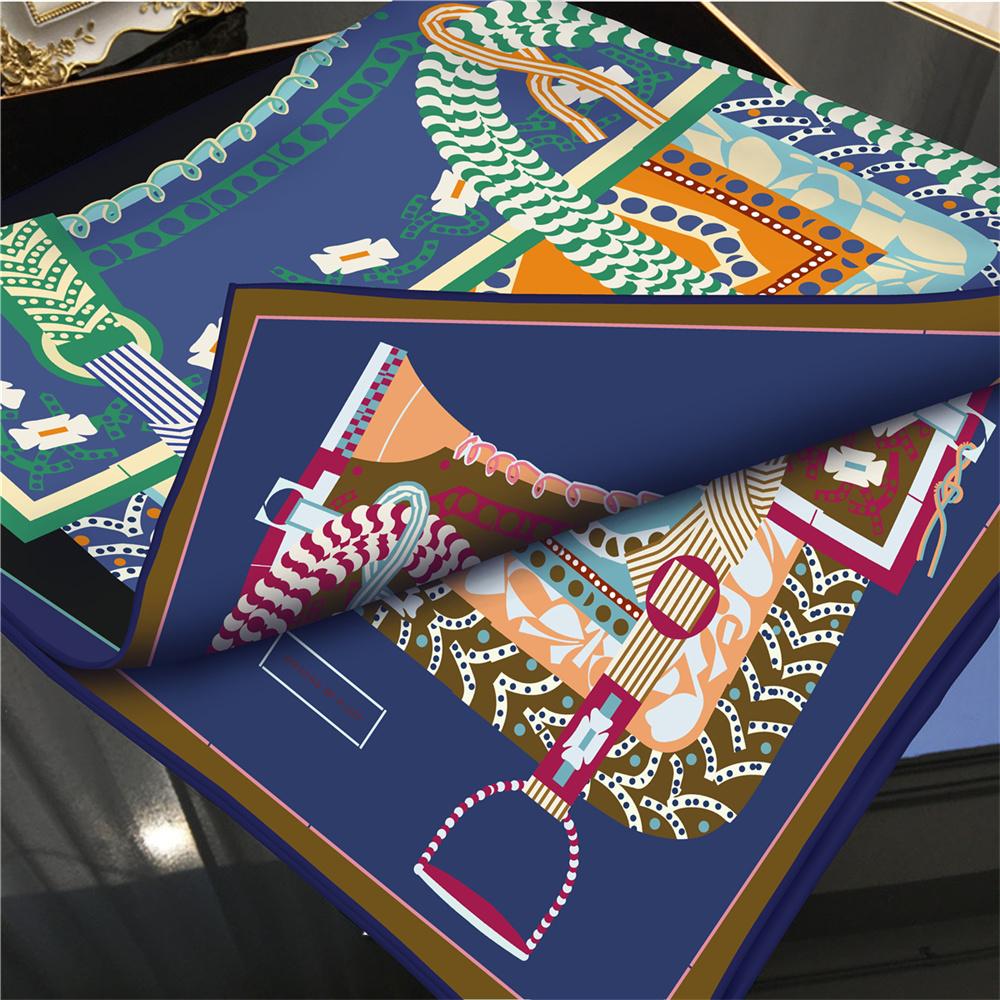 POBING Manual Hand Rolled Twill Silk Scarf Women Saddle Double Print Square Scarves Wraps Echarpes Foulards Femme Hijab 90CM