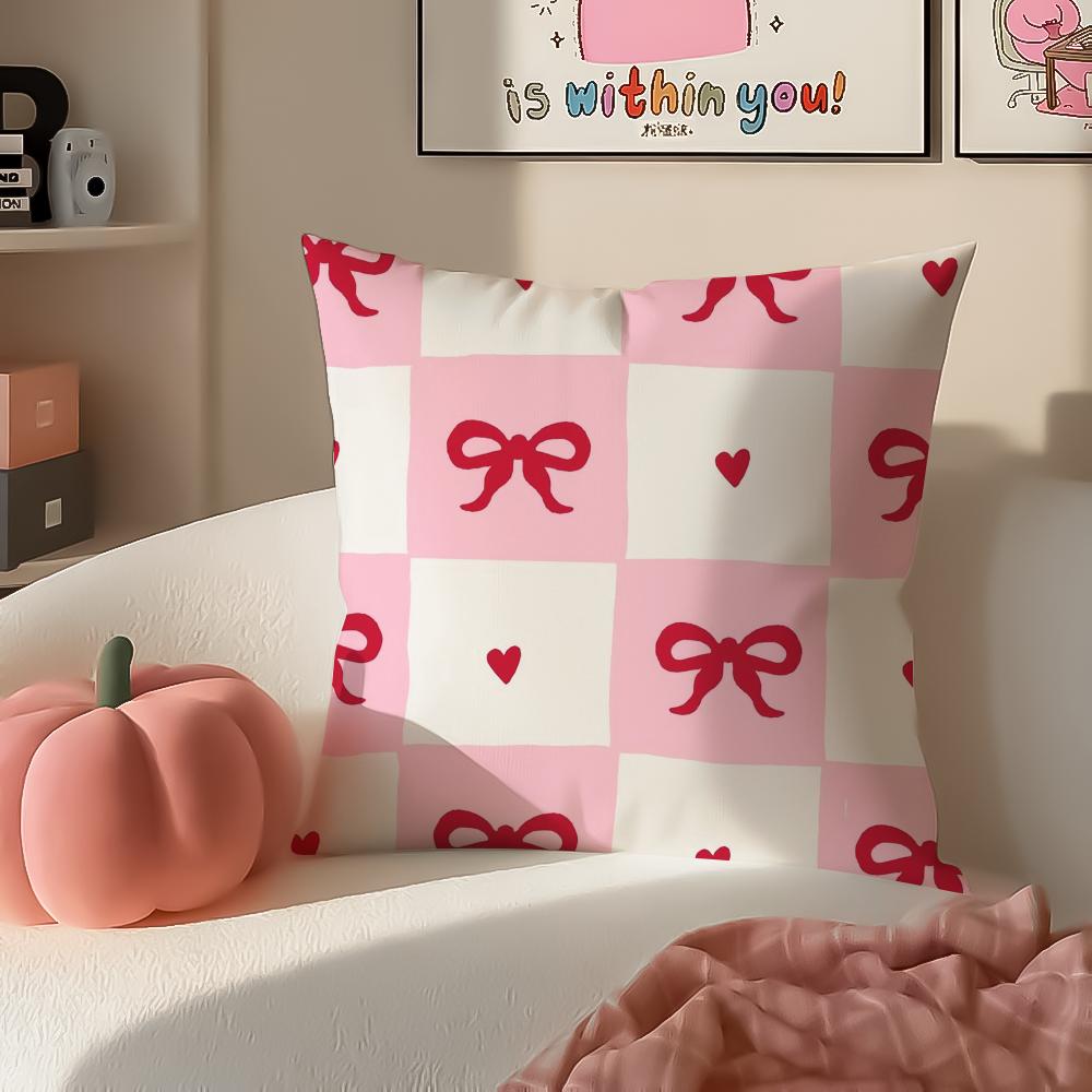 Sweet Girly Floral Art Pink Bow Cherry Pattern Cushion Cover Pillowcase Short Plush Invisible zipper Room Sofa Cushion Cover