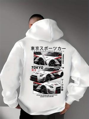 Behind the Elements of the Japanese Tokyo Motor City, There Is a Big Picture Printed Men's Casual Street Style Hoodie, Sweatshir