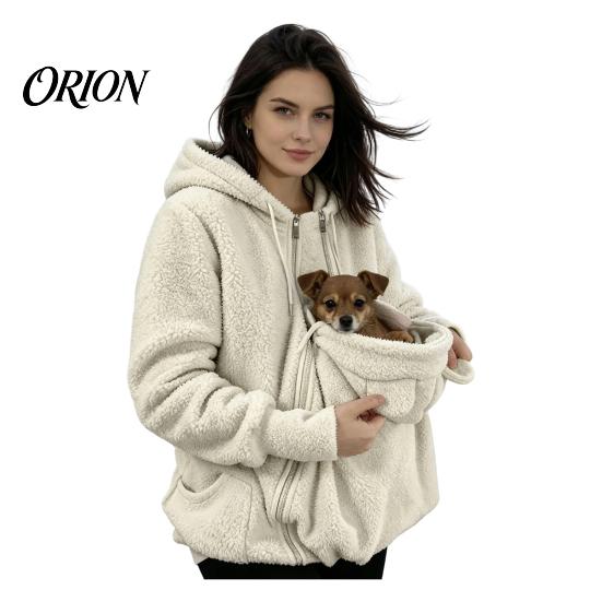 Pet Pouch Hoodie Zip-up for Women, Cat Dog Carrying Pocket Hooded Warm Nursing Sweatshirt, Winter Fleece Long Sleeves Jacket Animal Lovers