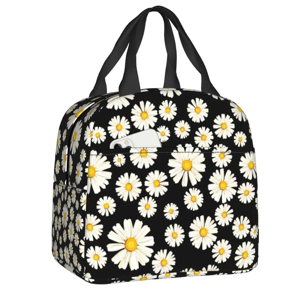 Floral Daisy Print Insulated Lunch Bag for Women Chamomile Flowers Cooler Thermal Lunch Tote Box Portable Picnic Food Bento Bags