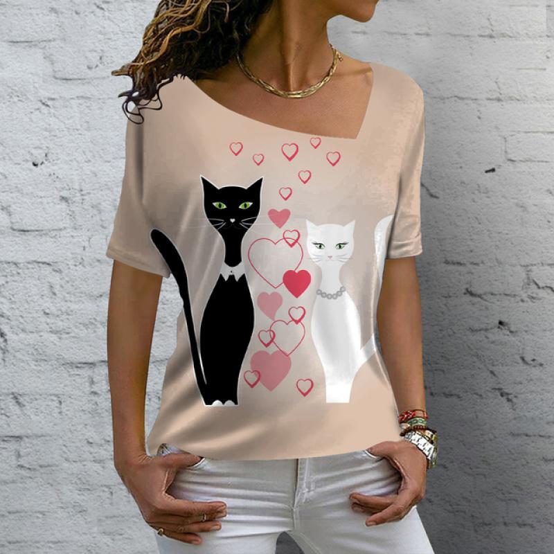 Roztomilá dámská trička Letní 3d Butterfly Cat Potisk Topy Tričko Street Denní oblečení s výstřihem do V Tričko nadměrné velikosti pro ženy Oblečení
