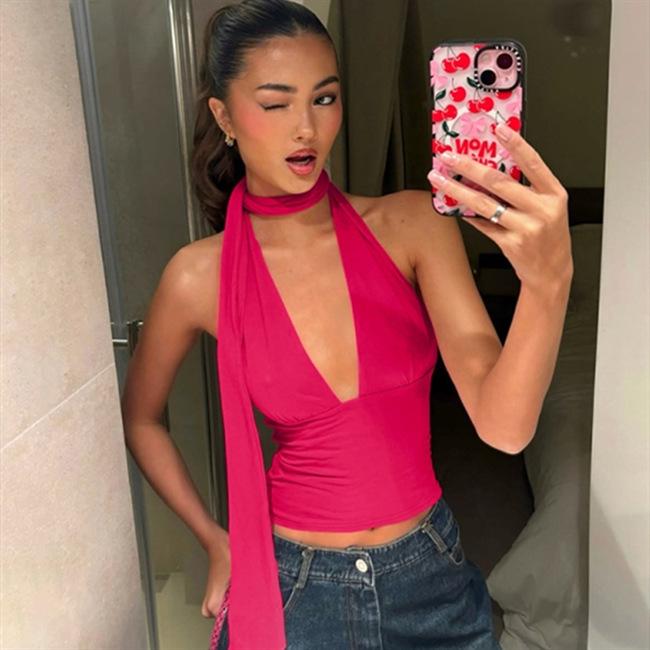 Chic Women's Deep V-Neck Halter Top with Tie-up Back