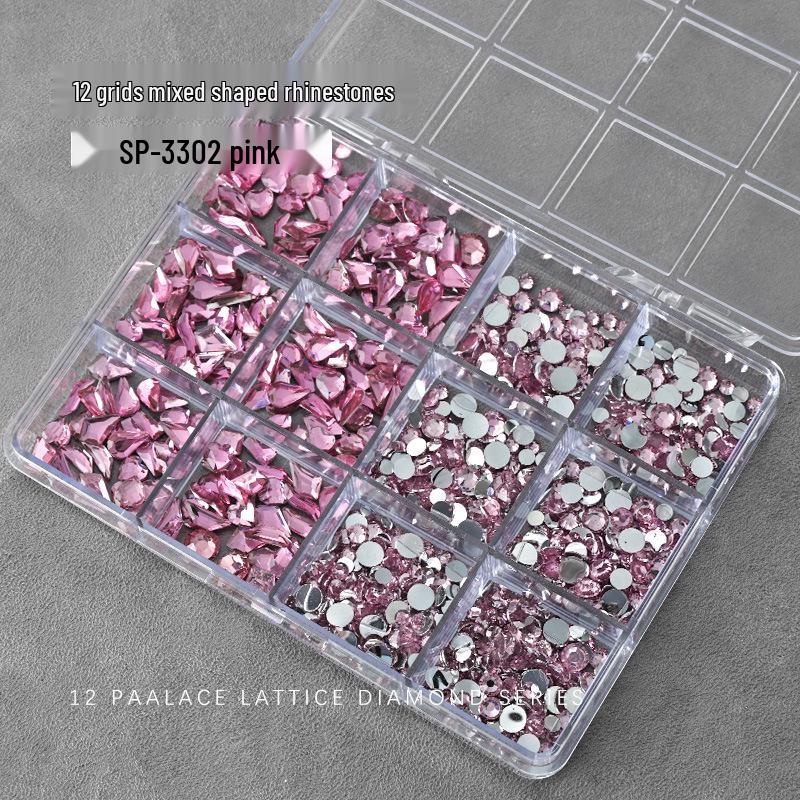 Nail Art Irregular Resin & Colored Rhinestones Set - Flatback, 12 Grids of Mixed Clear Diamonds