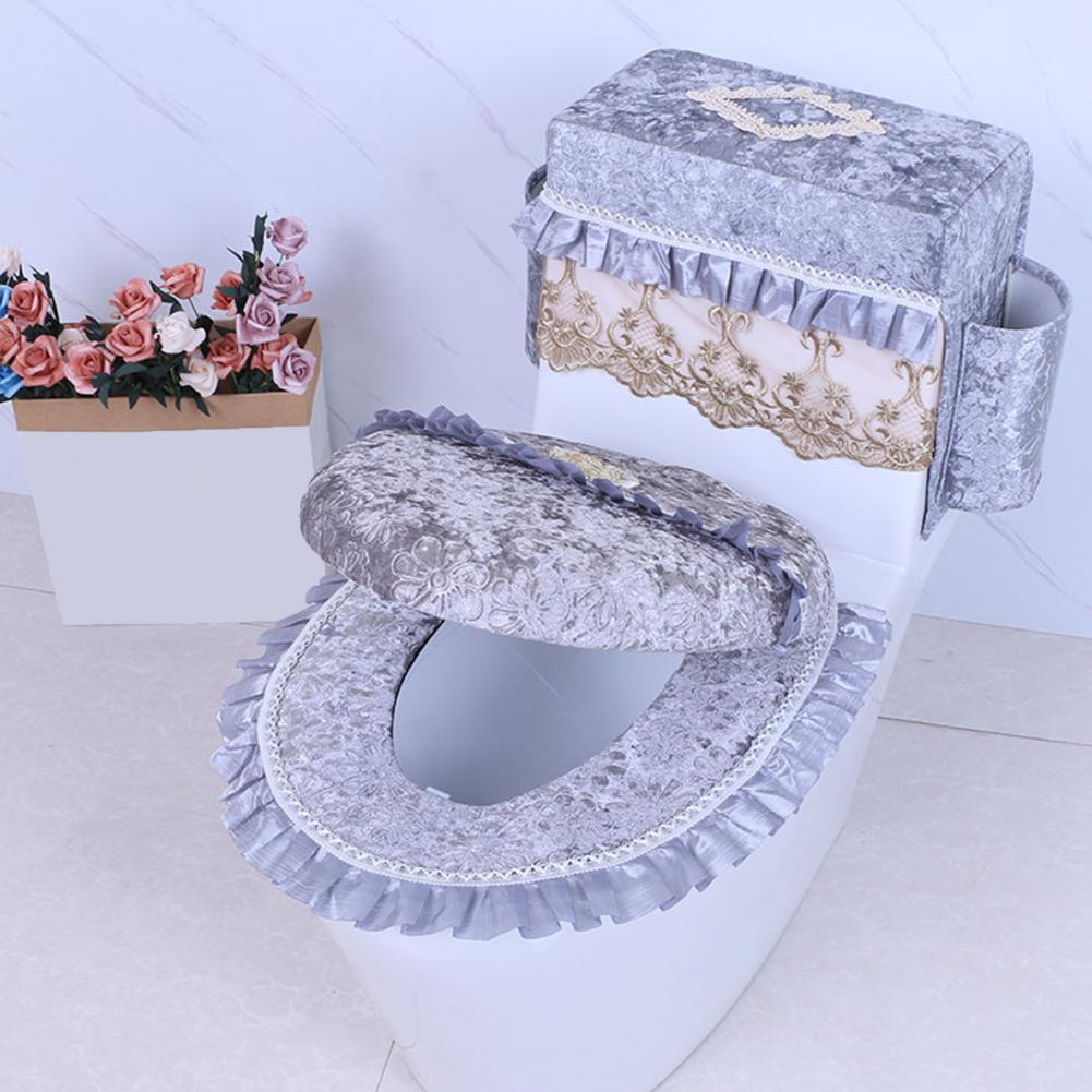 Soft Fabric Toilet Cover Luxurious Flannel Toilet Tank Cover with Lace Trim Side Pockets Soft Plush Toilet Lid for Ultimate