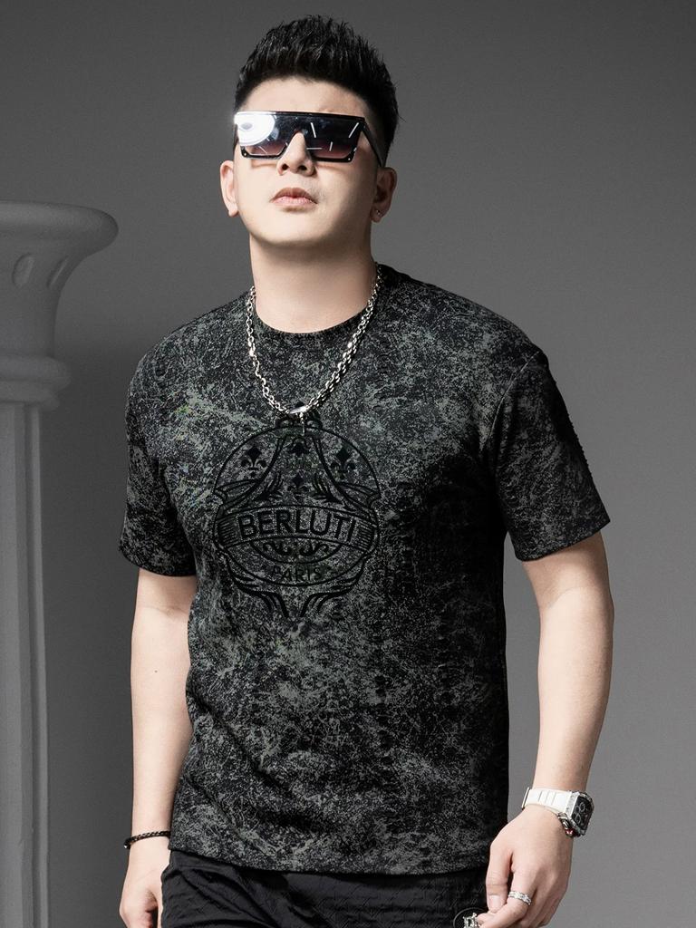 European Style Trendy Printed Rhinestone Short-Sleeve T-Shirt for Men 2025 New Summer Fashion Brand Men's Half-Sleeve Top