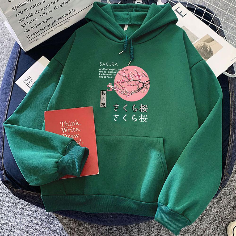 Japanese Blossom Sakura Graphic Hoodies Female Long Sleeve Hooded Pullovers Winter Cartoon Printing Sweatshirts