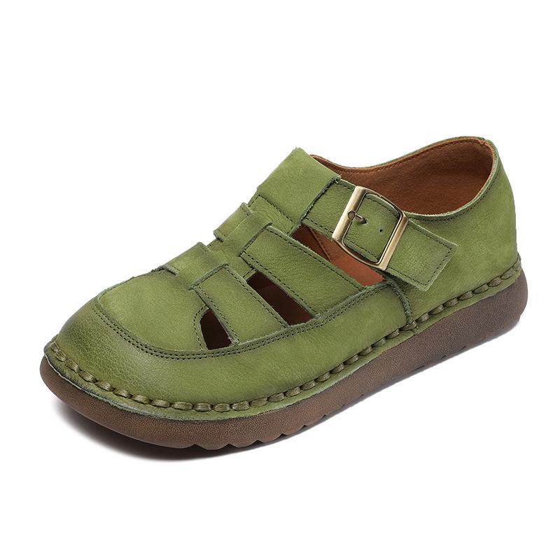 Johnature Genuine Leather Retro Round Toe Sandals Hollow-out Breathable Versatile Women's Flat Shoes