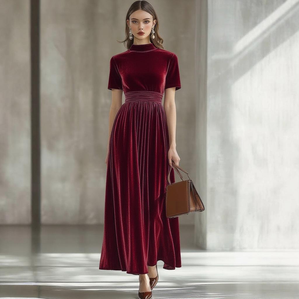 

Women s Elegant Slimming Gold Velvet Dress - Short Sleeves, Waist-Cinched, Autumn/Winter Style XXXL