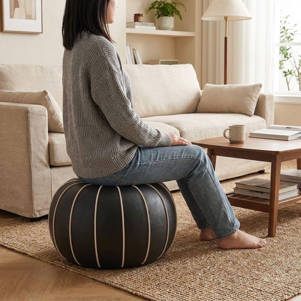 PU Leather Pouf Ottoman Cover Unstuffed Large Capacity Pumpkin Pouf Cover Round Minimalist Sofa Footstool Cover Entrance