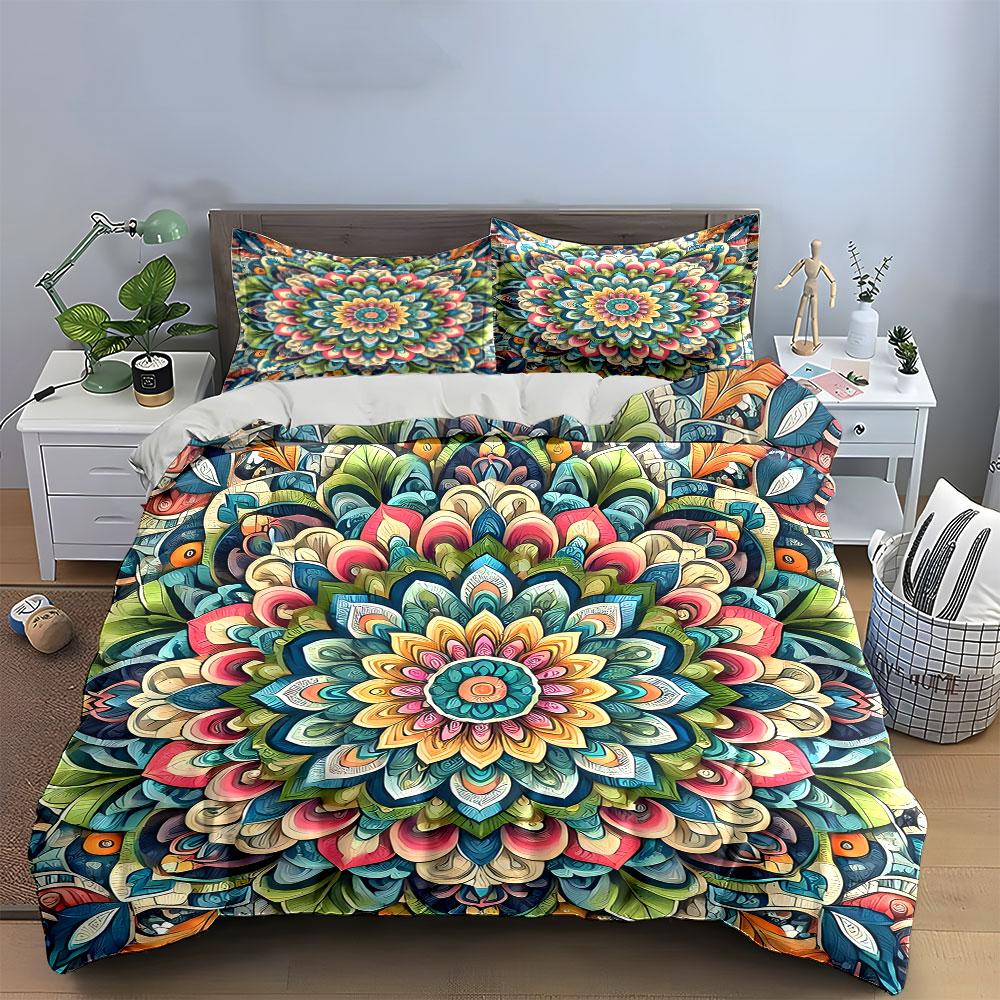 Colorful Mandala Tapestry Set Decoration Soft Skin-Friendly Bedding Set Includes 1 Duvet Cover And 2 Pillowcase Gift