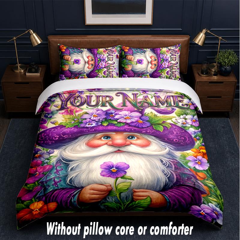 Gnome Theme Custom Text Or Name 3Pcs Bedding Set,1 Flat Sheet & 2 Pillowcases Personalized Home Bedding