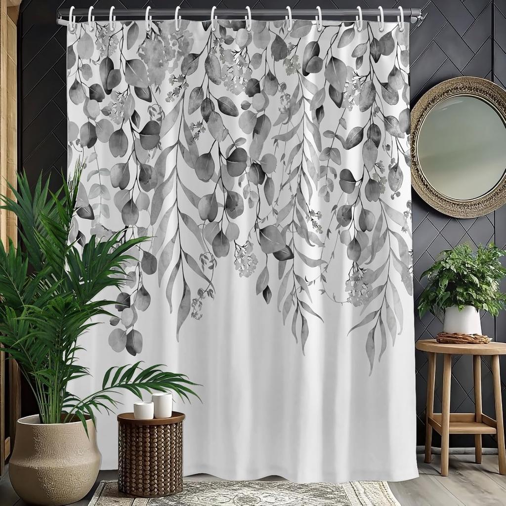 Rustic Brown Leaf Shower Curtain with Hooks, Watercolor Botanical Eucalyptus Bathroom Decor, Boho Farmhouse Waterproof Polyester