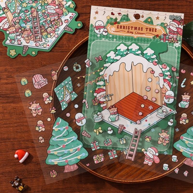 

4 набора изысканных наклеек-руководств для трехмерного ландшафтного дизайна на канун Рождества, милые креативные наклейки для DIY-декора, подарки