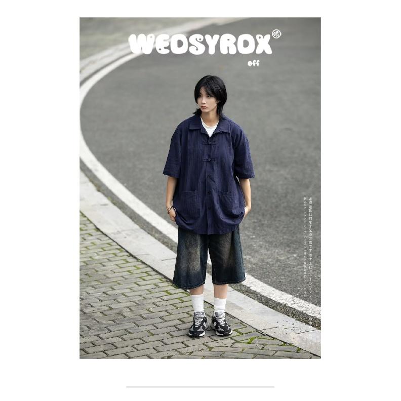 

Летняя одежда мужская ретро повседневная рубашка студенческая свободная нишевая дизайнерская забавная новая мужская верхняя часть для ношения на открытом воздухе 2XL синий