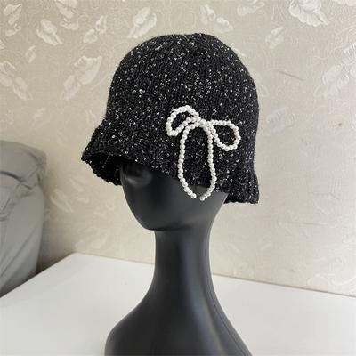 Pearl Bow Sequined Knitted Cold Hat Female Sweet Cool Wind Show Face Small Wool Bag Head Hat Tide