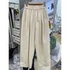 Women Khaki Elastic Waist Pleated Wide Leg Pants Casual Cotton Trousers