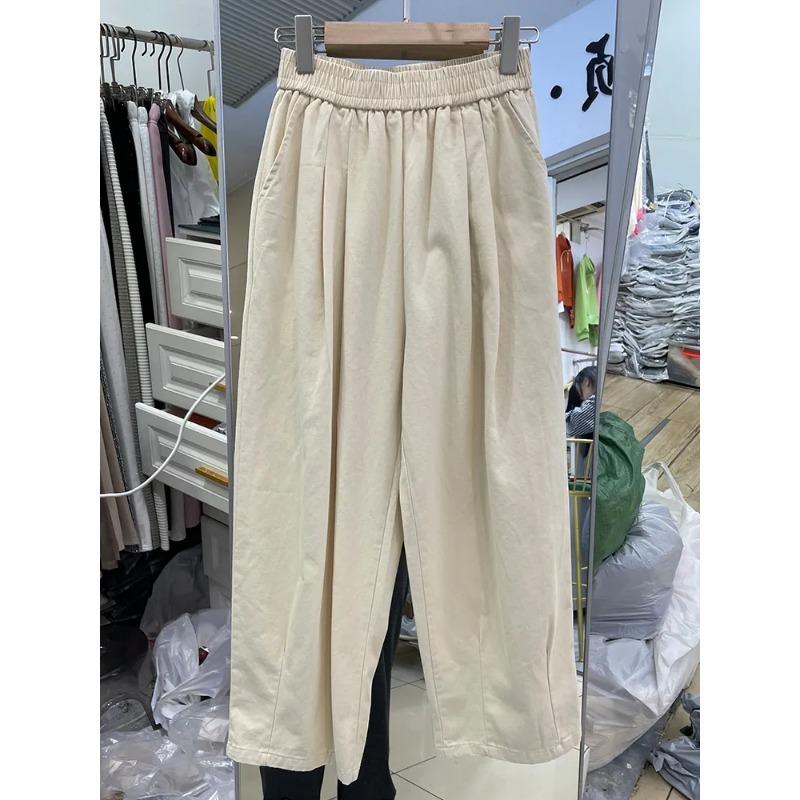 Women Khaki Elastic Waist Pleated Wide Leg Pants Casual Cotton Trousers