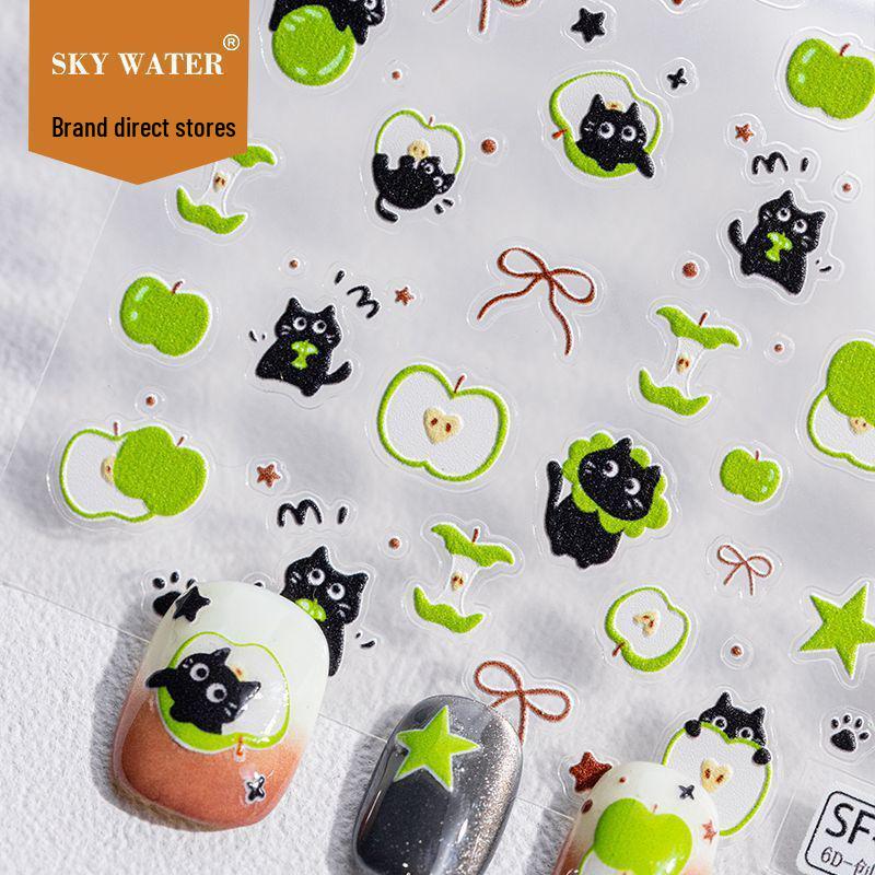 SKY Japanese Apple Cat 6D Embossed Nail Art Stickers - Cute Bow Design