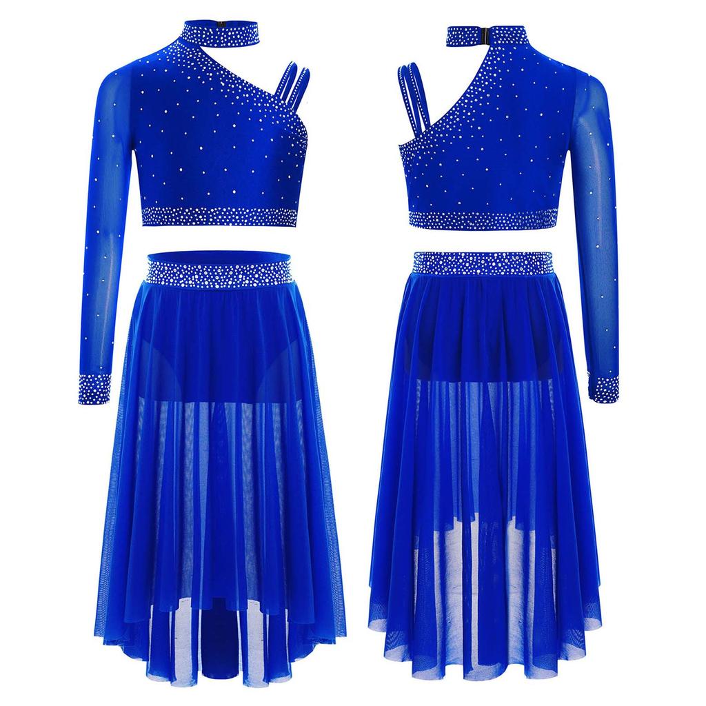 Complete Lyrical Performance Outfit for Girls Unique Shoulder Design Crop Top & Flowy Irregular Hem Mesh Skirt Set