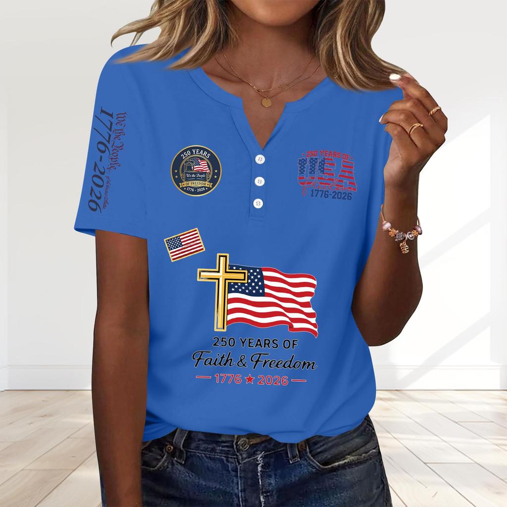 Women's Fashion Casual 250th Anniversary Independence Day Print V-Neck Short Sleeve Decorated Button-Up T-Shirt
