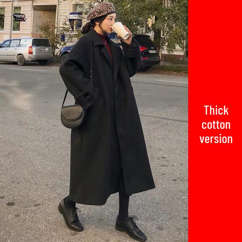 Dámský vlněný kabát černé barvy střední délky nad koleno, Hepburn styl, korejský styl, volný střih, styl Mori, připravený na zimu.