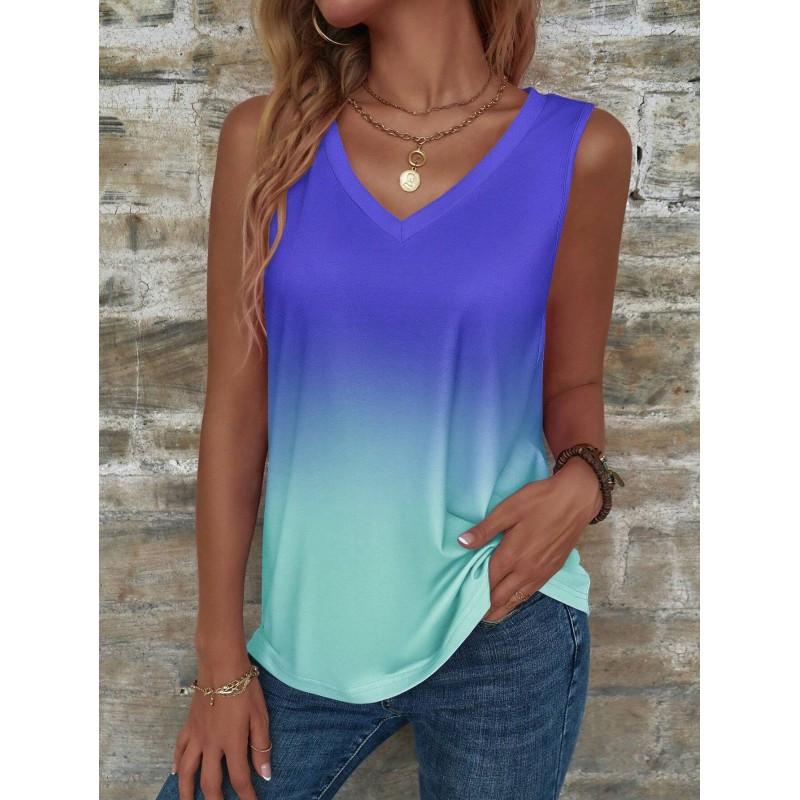 Gradient Print V-Neck Sleeveless Top Women Soft Cotton Blend Loose Fit Breathable Casual Tank