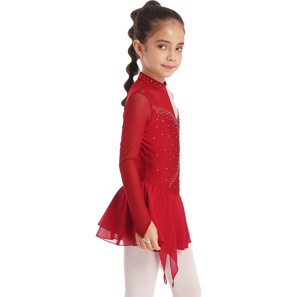 Κορίτσια Junior Sparkly Sequins Μακρυμάνικο Φόρεμα Χορού Leotard Στολή Διαγωνισμού καλλιτεχνικού πατινάζ Όμορφα ενδύματα χορού