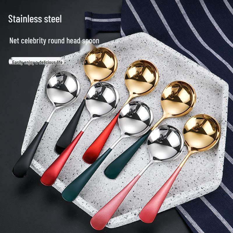 Plated Titanium Round Dessert Spoon with Laser Logo - Black & Gold Stainless Steel Coffee Cutlery 410 Silver 1.5mm
