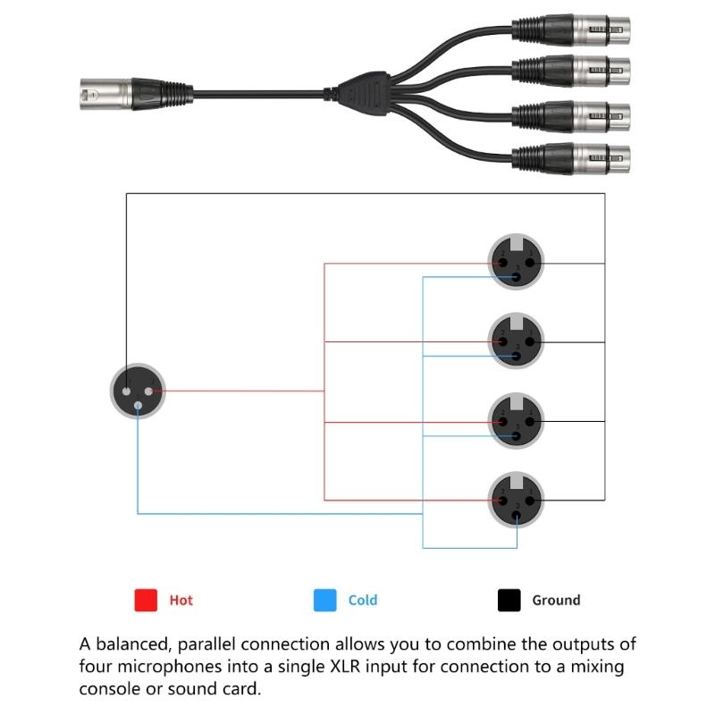 Professional XLR 3Pin Music Splitter Cable 0.6M Connect 4Devices XLR Y Splitter Cable For Recording Live Performances