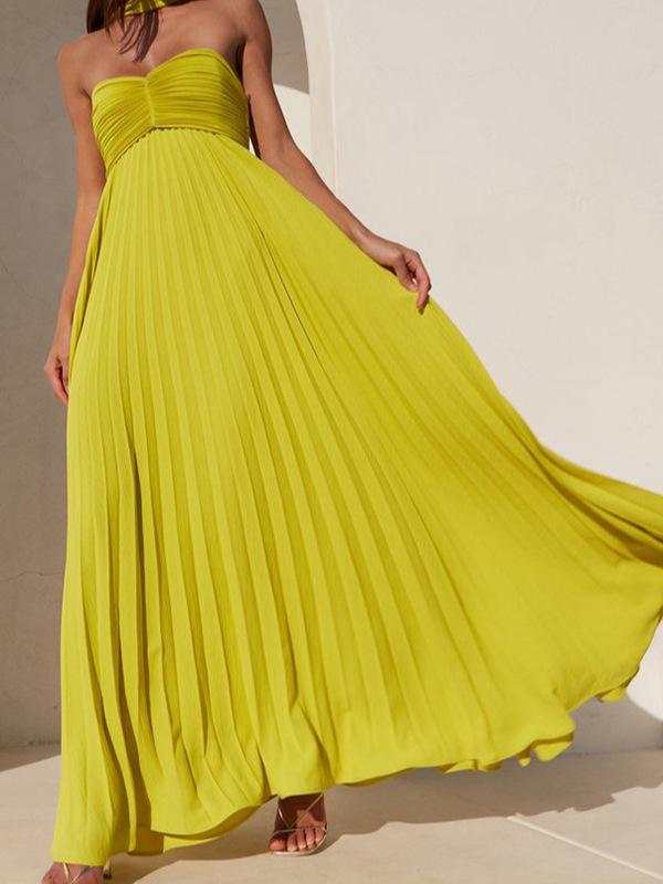 Women's Solid Color Pleated Bandeau Dress - Sleeveless, European & American Style, New Arrival