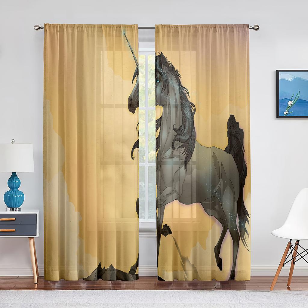 Colorful Unicorn Rainbow Print Pattern Sheer Voile Curtains for Bedroom Living Room Kitchen Decor Chiffon Tulle Windows Curtain