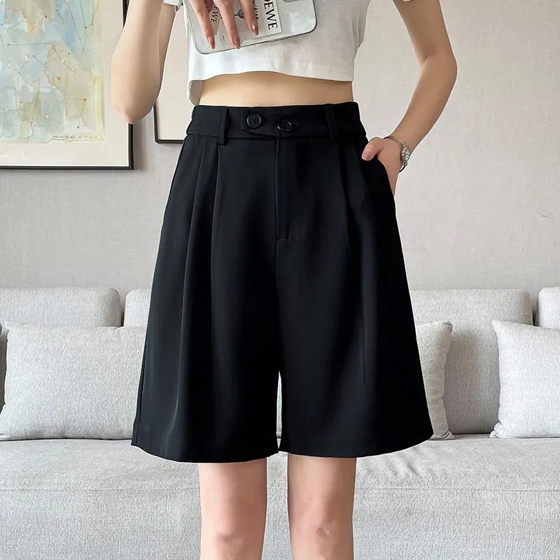 Black Suit Shorts for Women In Summer Thin High Waist Loose Slim Straight-leg Casual Mid-pants Wide-leg Five-point Pants