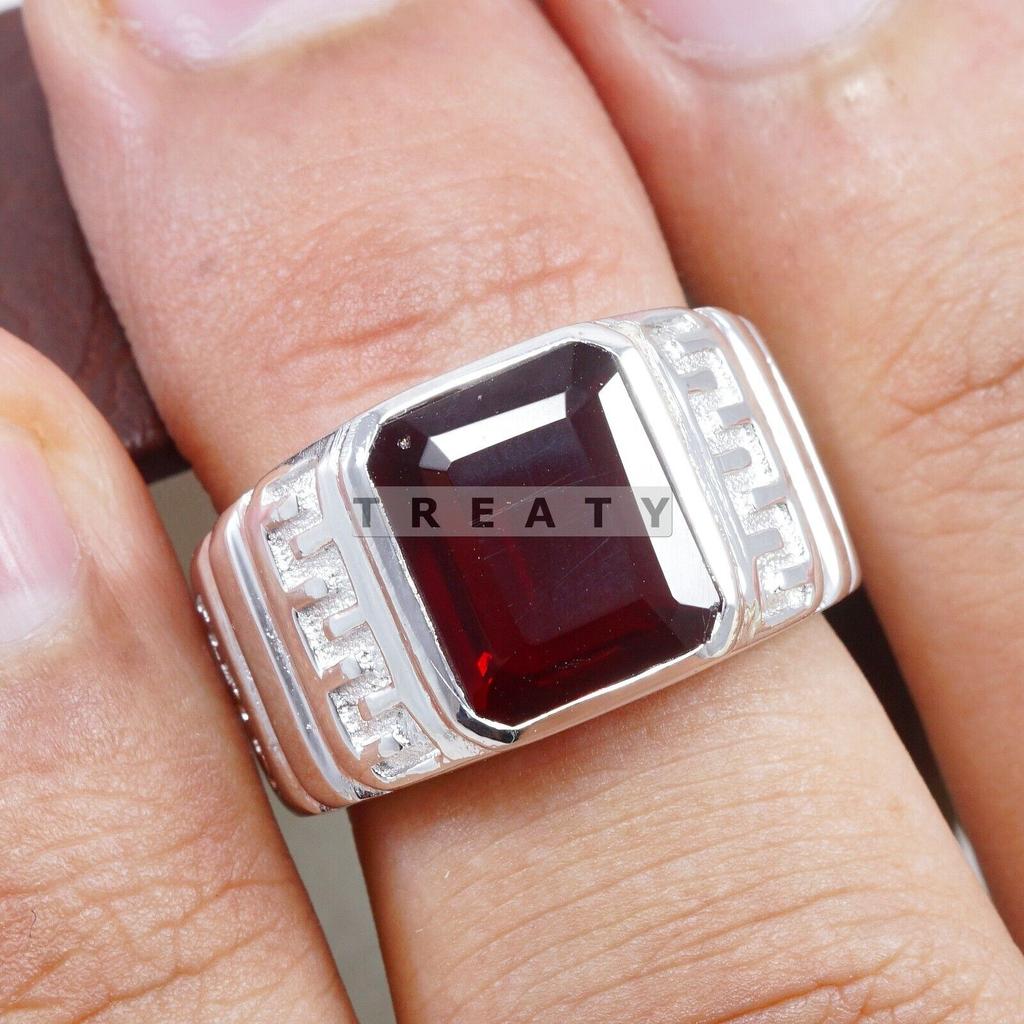 Garnet Emerald Cut Gemstone With 925 Sterling Silver Ring For Men's #B756 JL375692870392
