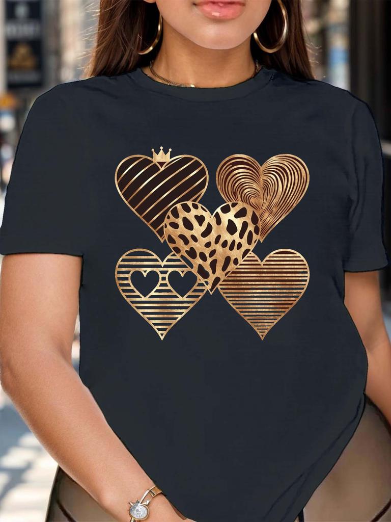 Five Distinct Heart Designs Women's Comfit T-shirt Casual Crew Neck Short Sleeve Top Knit Fabric Spring/Summer/Fall Fashion