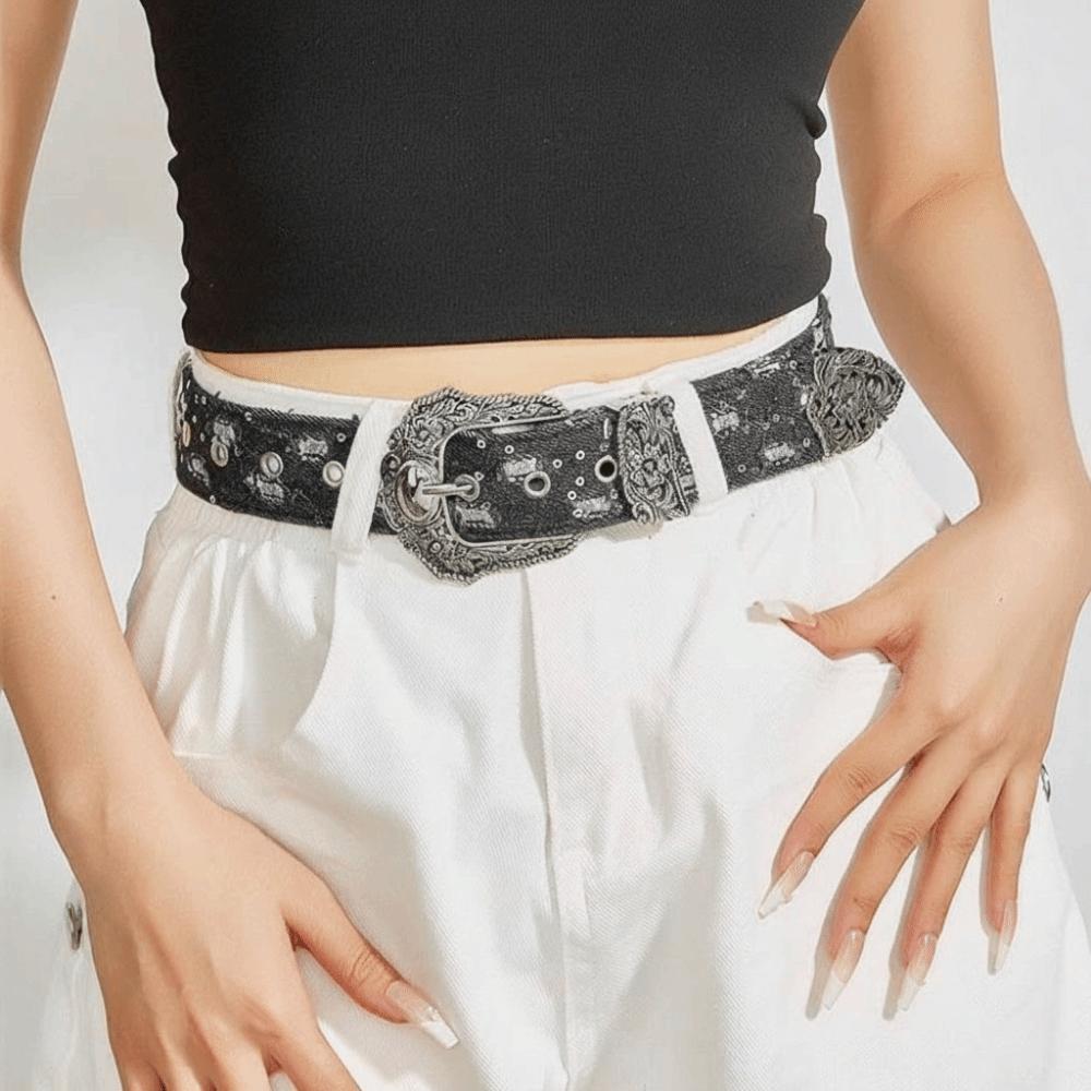 Korean Style Sequin Belt Harajuku Denim Wide Belt Retro Metal Buckle Belt Women