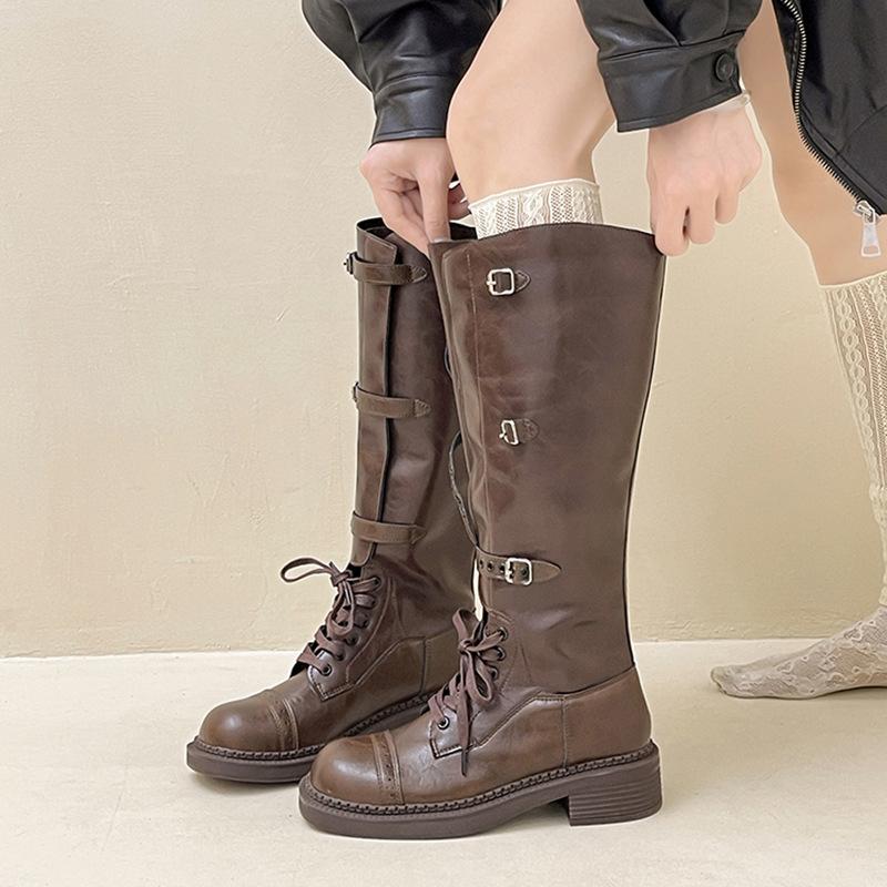 Design sense locomotive belt buckle boots women's 2025 autumn and winter retro European and American thick-soled thick-heeled fashion boots high-heel