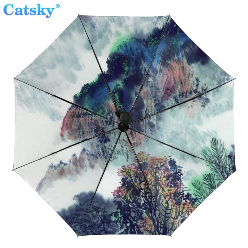 

Полностью автоматический трехстворчатый складной зонт с китайской росписью и черным покрытием, анти-УФ-защита от солнца, женский зонтик от дождя