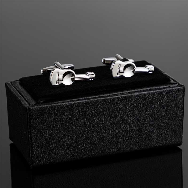 Botões de Punho em Forma de Guitarra com Metal Prateado Eletrodepositado Brilhante para Camisa Masculina