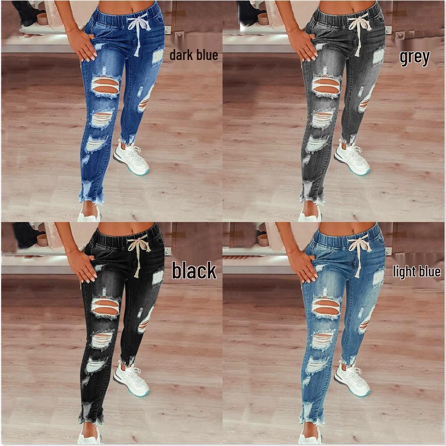 European & American Women's Elastic Waist Mid-Waist Lace-Up Slim Fit Small Leg Jeans - Elegant Commuting Long Jeans
