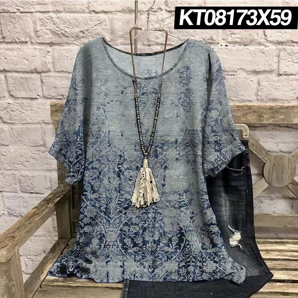 Plus Size Retro Color Blocked 3D Printed Summer Casual Round Neck Short Sleeved Loose Slimming Loose T-shirt