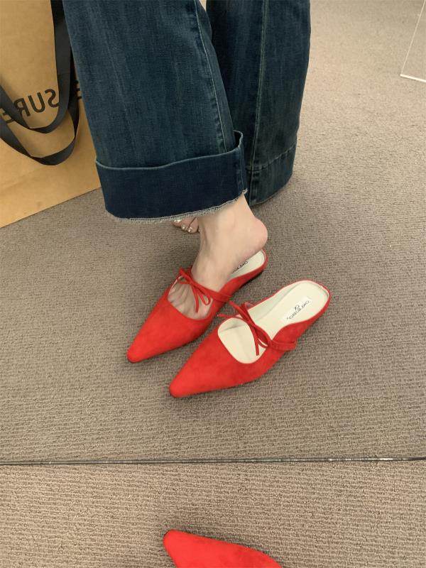 Fashion Female Shoes Ladies' Slippers Flock Cover Toe Luxury Slides Butterfly-Knot 2025 Designer Pointed Butterfly-knot Mary Janes