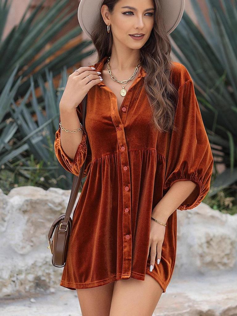 2025 Autumn Women's Solid Velvet Single-Breasted Pleated Long Sleeve Shirt - European and American Style