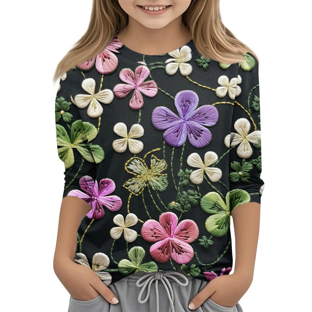 St. Patrick's Day Print Tops For Youth Girls 4-11 Years Round Neck 3/4 Sleeves T-Shirts Trendy Tops Outfit Tees