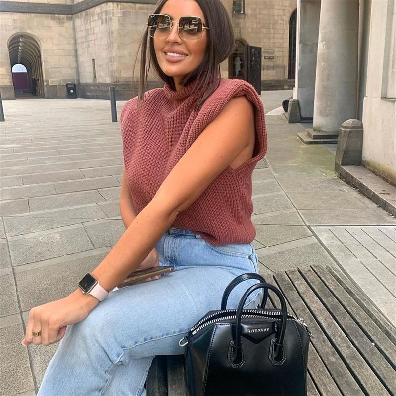 Pevný stojatý golier Pletená vesta s krátkym rukávom Office Lady All Match Fashion Vesta Košeľa Voľné Elegantné rovné topy