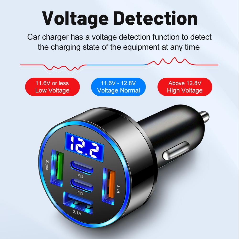100W Car Charger Fast Charging 5 Port with Digital Display Flash Charger For iPhone Samsung Xiaomi Multi Port Cigarette Lighter