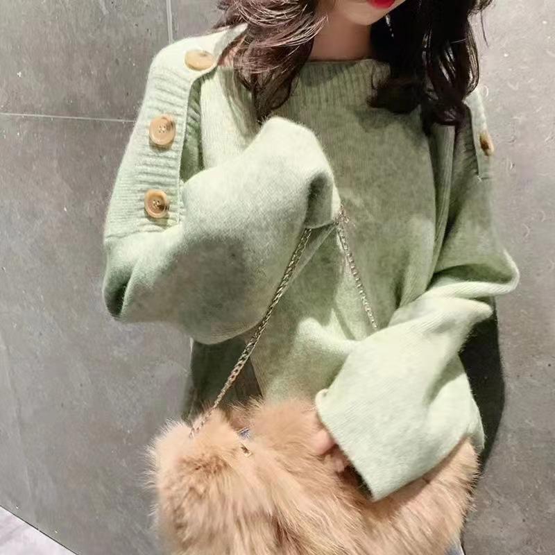 

Осень и зима новый ленивый ветер пуловер вязаный свитер топ воротник на одно плечо черный свободный верхняя одежда свитер с открытыми плечами женский one size fits all зелёный