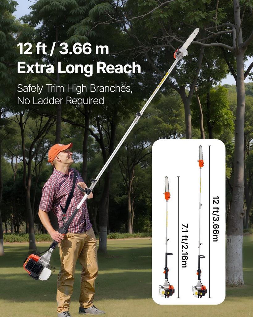 Gas Pole Saw, 43CC 2 Stroke Gas Powered Pole Saws with 30.48 Cm Cutting Bar, Cordless Tree Trimmer with Rotatable Head, 2.16 To 3.66 M Extendable,