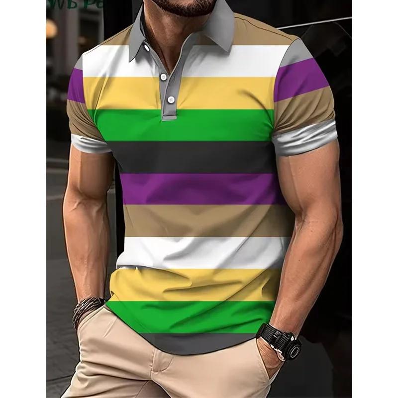 Striped Printed Men's Shirt, Men's Polo Street Men's Clothing, Loose Men's Polo Shirt